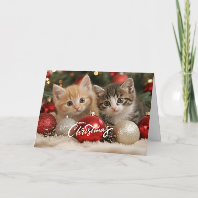 Tarjeta Feliz Navidad gatitos y ornamentos (Anverso)