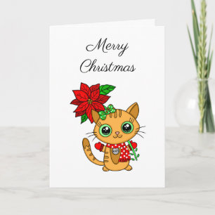Tarjeta Feliz Navidad   Gato Naranja con Flor de Nochebuen
