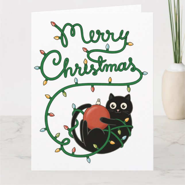 Tarjeta Feliz Navidad Gato negro con ornamento y luces (Anverso)