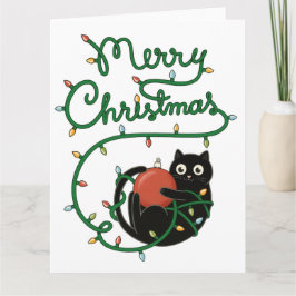 Tarjeta Feliz Navidad Gato negro con ornamento y luces