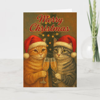 Tarjeta Feliz Navidad – Gatos brindando bajo el árbol