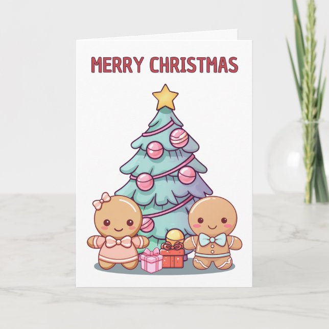 Tarjeta Feliz Navidad Gingerbread People Y Tree (Anverso)