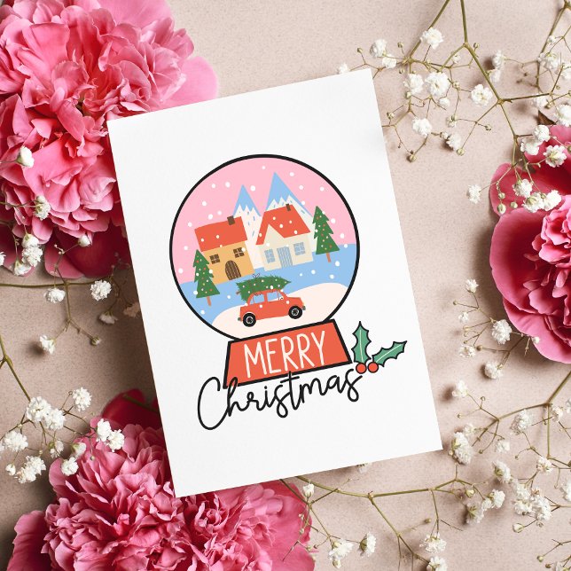 Tarjeta Feliz Navidad, Glóbulo rosa y nieve roja (Merry Christmas Illustrated Blank Greeting Card Pink Retro Snow Globe Holiday Card No Photos)