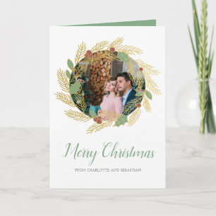 Tarjeta Feliz Navidad Gold Green Holly Berry Wreath