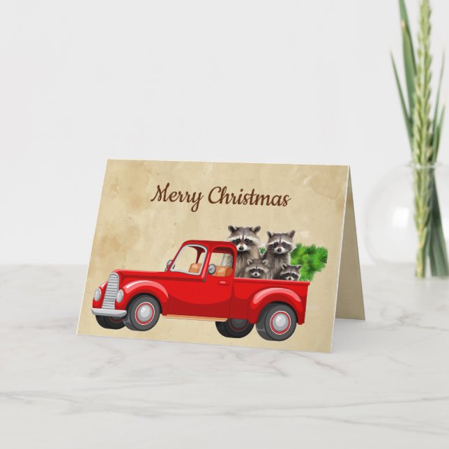 Tarjeta Feliz Navidad Gracioso Raccoon Truck Animales (Anverso)