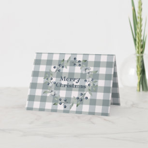 Tarjeta Feliz Navidad Green Plaid Wreath Búfalo Check