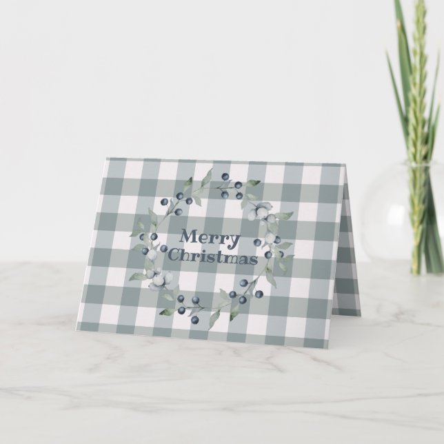 Tarjeta Feliz Navidad Green Plaid Wreath Búfalo Check (Anverso)