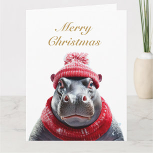 Tarjeta Feliz Navidad Hipopótamo gorro y bufanda