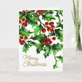 Tarjeta Feliz Navidad Holly Berries con mensaje