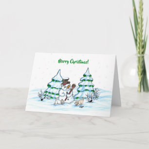 Tarjeta ¡Feliz Navidad! Hombre de nieve con gato y cachorr