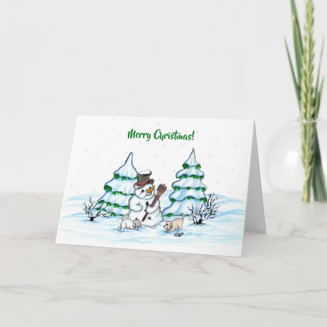 Tarjeta ¡Feliz Navidad! Hombre de nieve con gato y cachorr (Anverso)