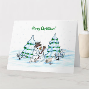 Tarjeta ¡Feliz Navidad! Hombre de nieve con gato y cachorr