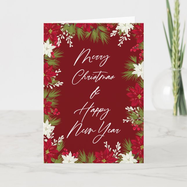 Tarjeta Feliz Navidad Invierno Rojo Negrita Borde de Poins (Anverso)