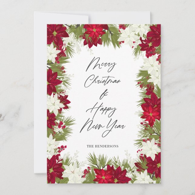 Tarjeta Feliz Navidad Invierno Rojo Negrita Poinsettia Bla (Anverso)