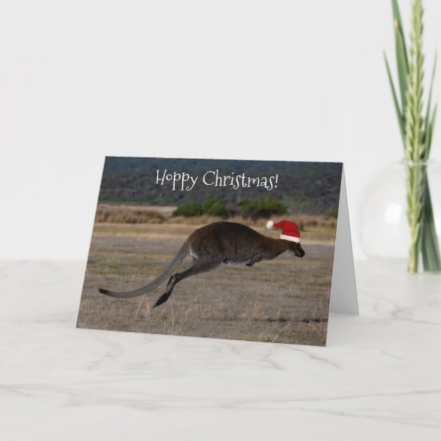 Tarjeta Feliz Navidad Kangaroo Red Santa Hat (Anverso)