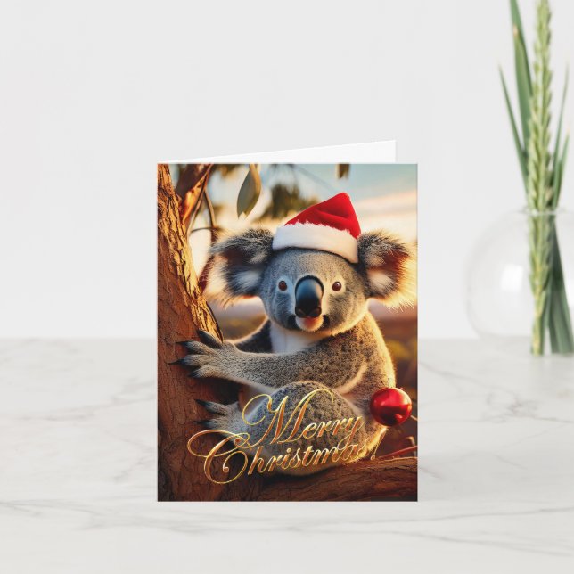 Tarjeta Feliz Navidad Koala sentado en Gumtree (Anverso)