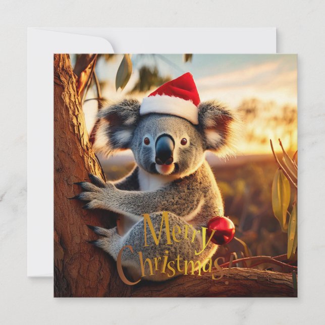 Tarjeta Feliz Navidad Koala sentado en Gumtree (Anverso)