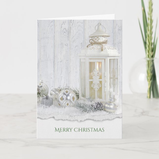 Tarjeta Feliz Navidad lámpara blanca de velas con adorno (Anverso)