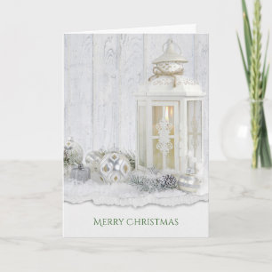 Tarjeta Feliz Navidad lámpara blanca de velas con adorno