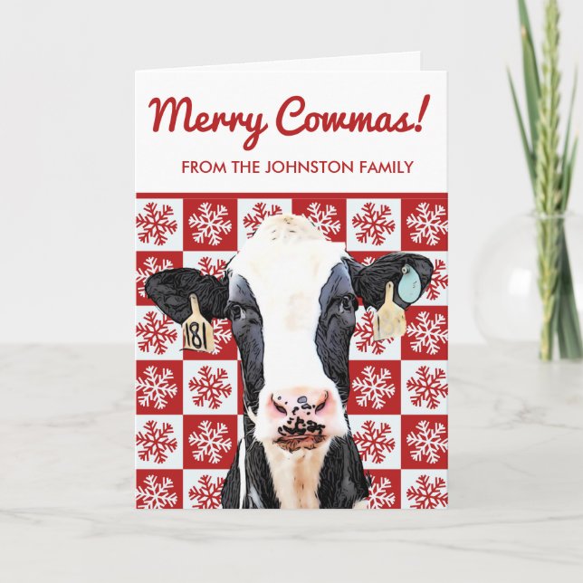 Tarjeta Feliz Navidad Leche Vaca Holstein Granja Snowflake (Anverso)