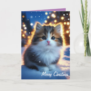 Tarjeta Feliz Navidad lindo gatito en la nieve