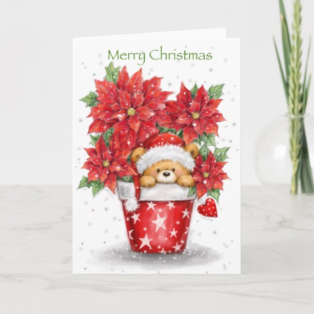 Tarjeta Feliz Navidad, lindo oso brota de Poinsettias (Anverso)