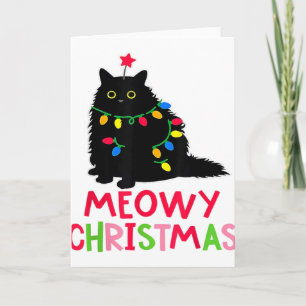 Tarjeta Feliz Navidad Luces de Navidad Pijamas de Gato Neg