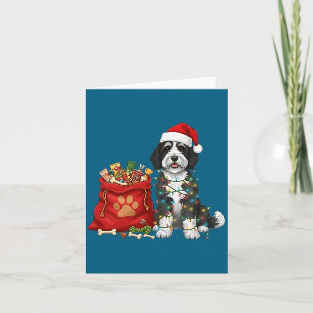 Tarjeta Feliz Navidad Luces de Sheepadoodle Perro Mamá She (Anverso)