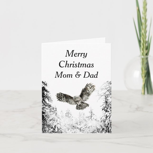 Tarjeta Feliz Navidad Mamá Papá Lechuza de Invierno (Anverso)