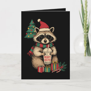 Tarjeta Feliz Navidad Mapache Té de Boba Sombrero de Santa