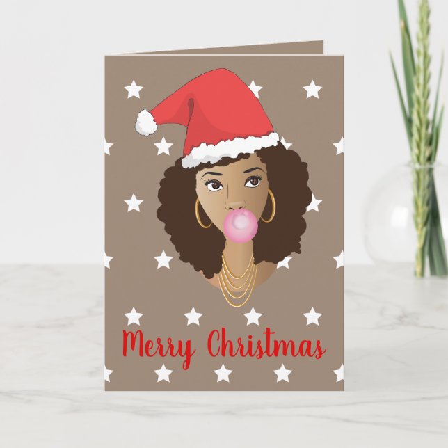 Tarjeta Feliz Navidad, Mujer Negra, Santa Hat, Bubblegum (Anverso)