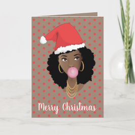 Tarjeta Feliz Navidad! Mujer negra, Santa Hat, Bubblegum