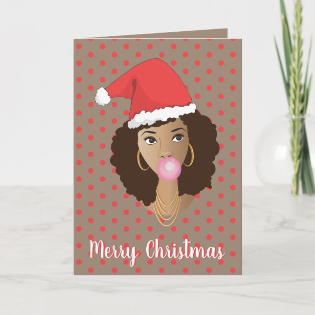 Tarjeta Feliz Navidad! Mujer negra, Santa Hat, Bubblegum (Anverso)