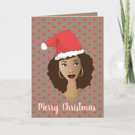 Tarjeta Feliz Navidad! Mujer negra, Santa Hat, polka punto