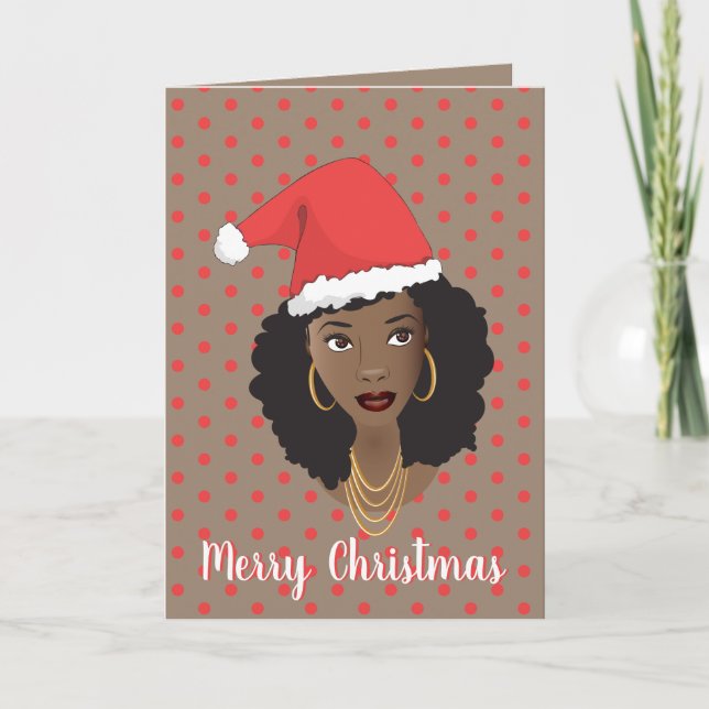 Tarjeta Feliz Navidad! Mujer negra, Santa Hat, polka punto (Anverso)