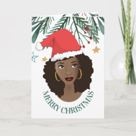 Tarjeta Feliz Navidad, Mujer Negra, Sombrero Red Santa