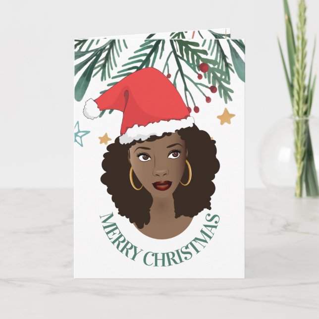 Tarjeta Feliz Navidad, Mujer Negra, Sombrero Red Santa (Anverso)