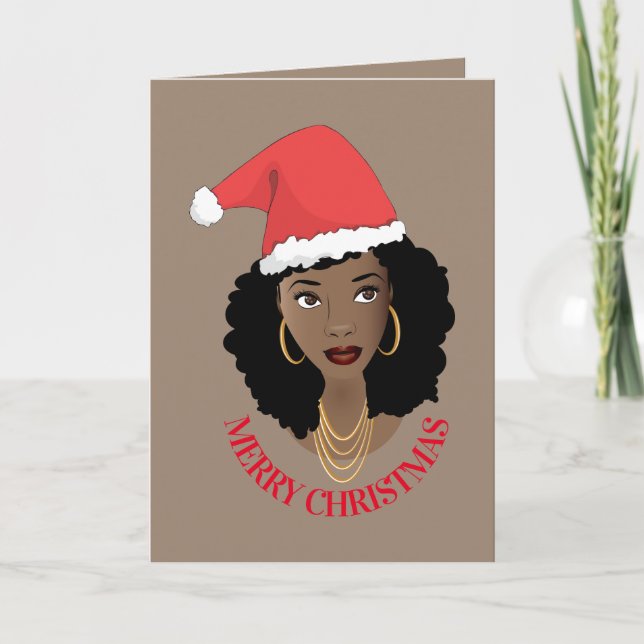 Tarjeta Feliz Navidad, Mujer Negra, Sombrero Red Santa, Ma (Anverso)