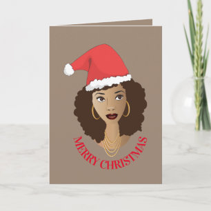 Tarjeta Feliz Navidad, Mujer Negra, Sombrero Red Santa, Ma