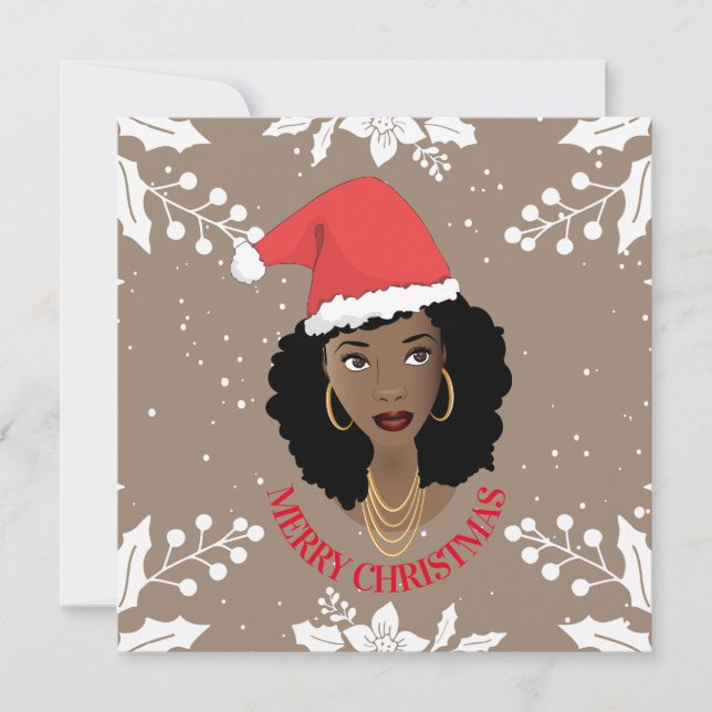 Tarjeta Feliz Navidad, Mujer Negra, Sombrero Red Santa, Ma (Anverso)