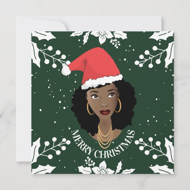 Tarjeta Feliz Navidad, Mujer Negra, Sombrero Red Santa, Ve (Anverso)