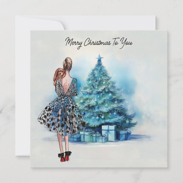 Tarjeta Feliz Navidad mujer y árbol azul de Navidad (Anverso)