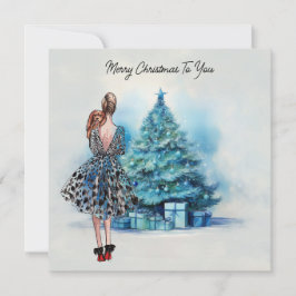 Tarjeta Feliz Navidad mujer y árbol azul de Navidad