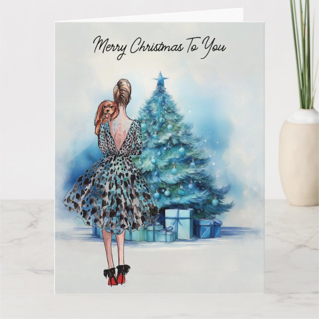 Tarjeta Feliz Navidad mujer y árbol azul de Navidad (Anverso)