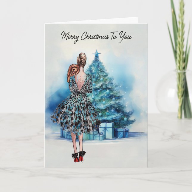 Tarjeta Feliz Navidad mujer y árbol azul de Navidad (Anverso)