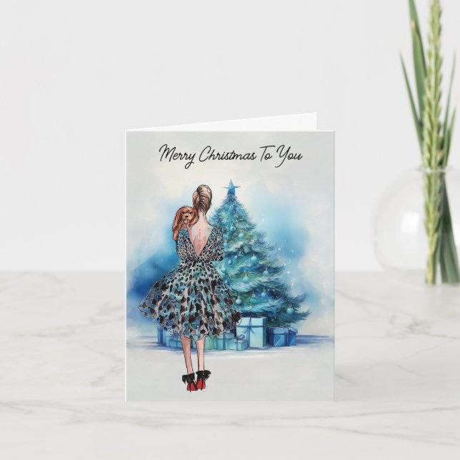 Tarjeta Feliz Navidad mujer y árbol azul de Navidad (Anverso)