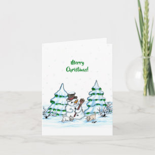Tarjeta ¡Feliz Navidad! Muñeco de nieve con gato y cachorr
