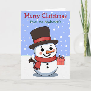 Tarjeta Feliz Navidad Muñeco de Nieve Nombre de Familia Pe