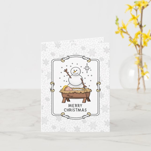 Tarjeta Feliz Navidad Natividad Niño Jesús Snowman (flor amarilla)