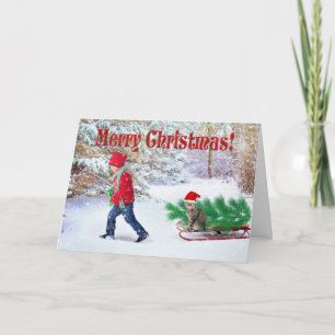 Tarjeta Feliz Navidad Niño y Gato / Traendo el Árbol a Cas
